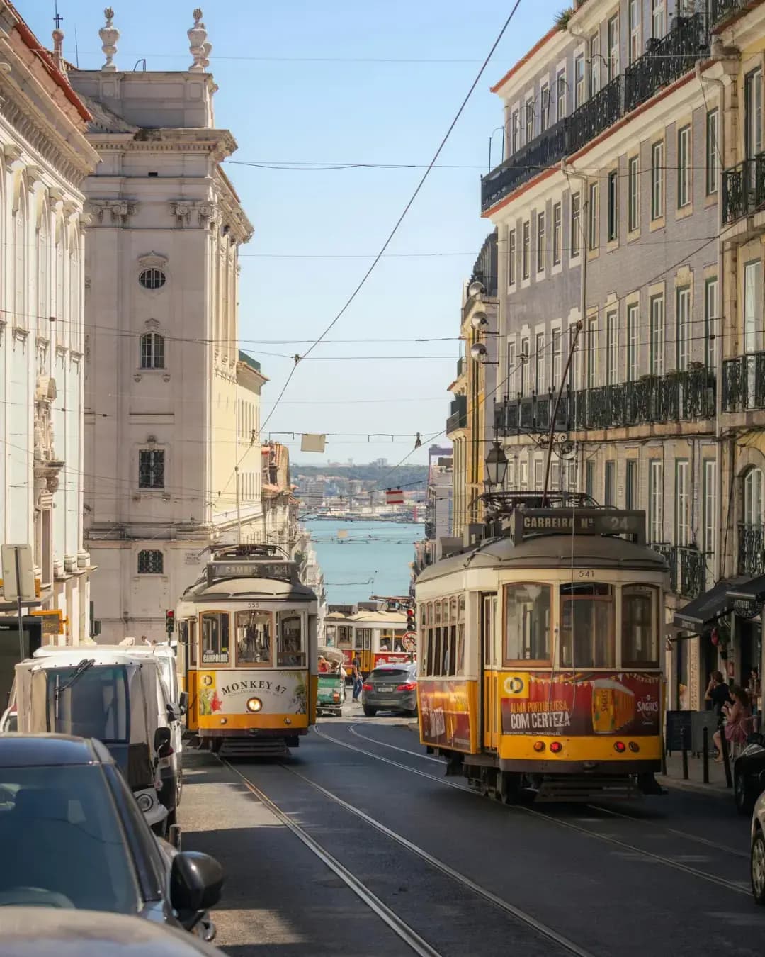 Elétricos amarelos a circular numa rua de Lisboa, ilustrando o transporte público na cidade.