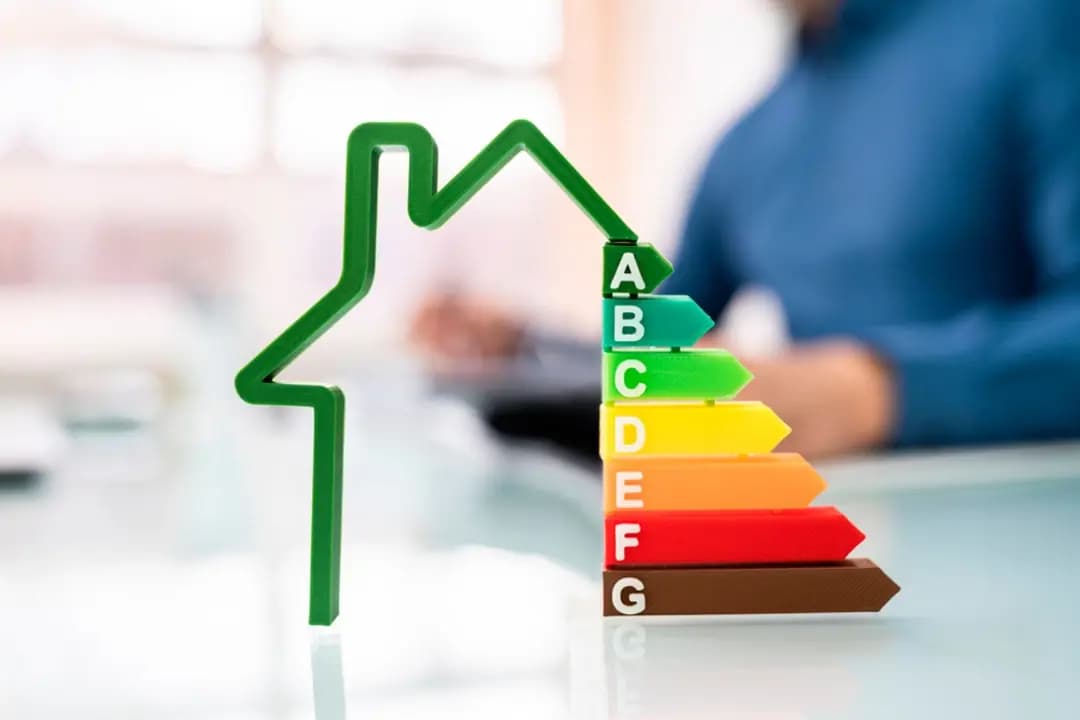Miniatura de casa verde ao lado de gráfico com a escala de eficiência energética de A a G